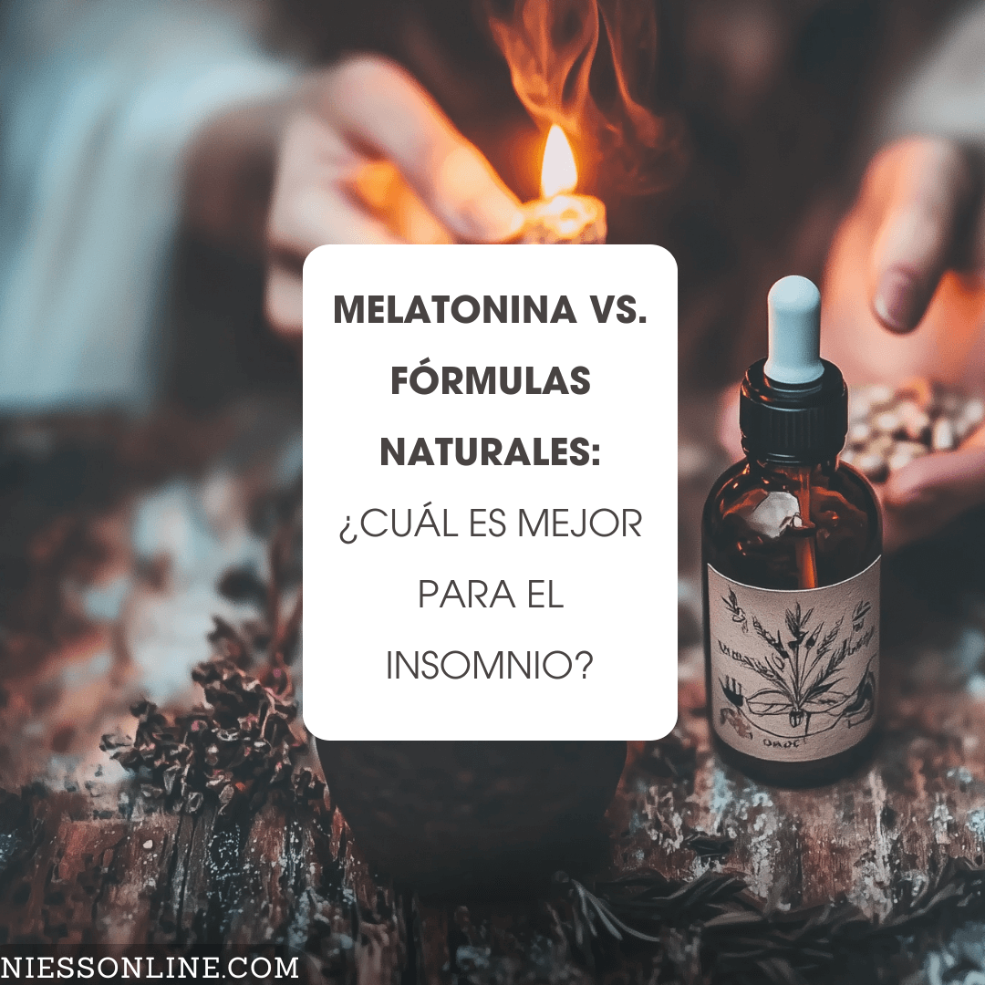 Melatonina vs. Fórmulas Naturales: ¿Cuál es Mejor para el Insomnio? - Imagen cuadrada con un gotero color ambar a un costado y en el centro un cuadro blanco con el titulo del blog